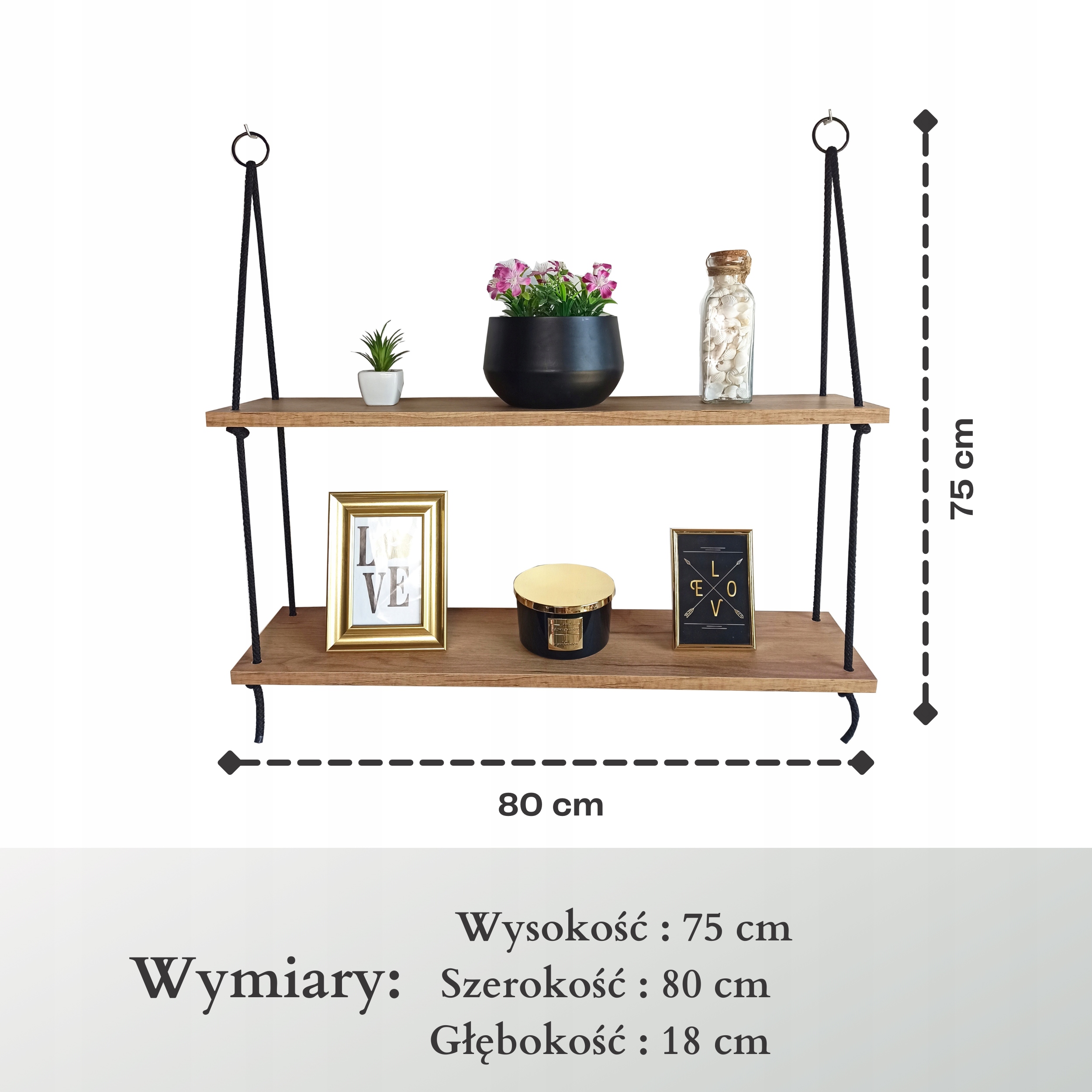 Półka wisząca na linie RUSTYKALNE INDUSTRIAL 80cm Głębokość mebla 18 cm