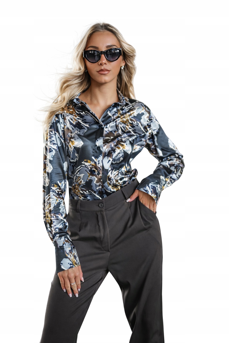 Dámská saténová košile Elegantní halenka Print Saténová vizitková 44