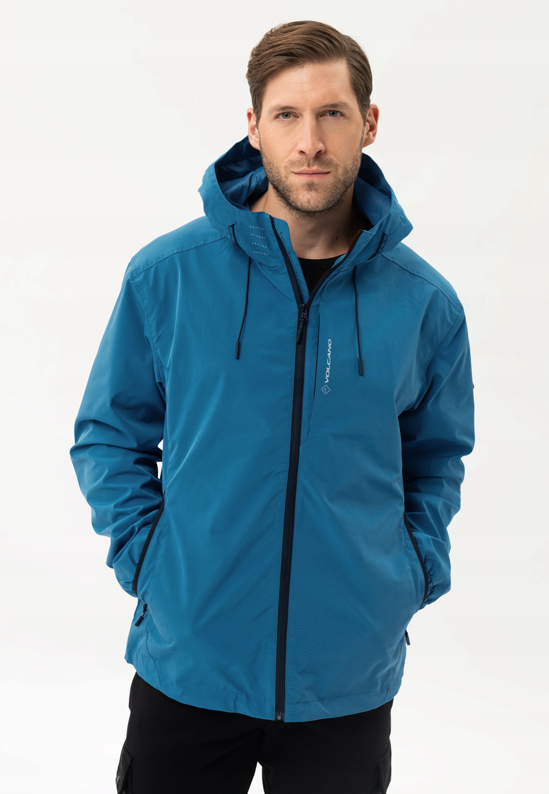 かめ MĘSKA KURTKA PRZECIWDESZCZOWA Z KAPTUREM NIEBIESKA VOLCANO J-KENZI