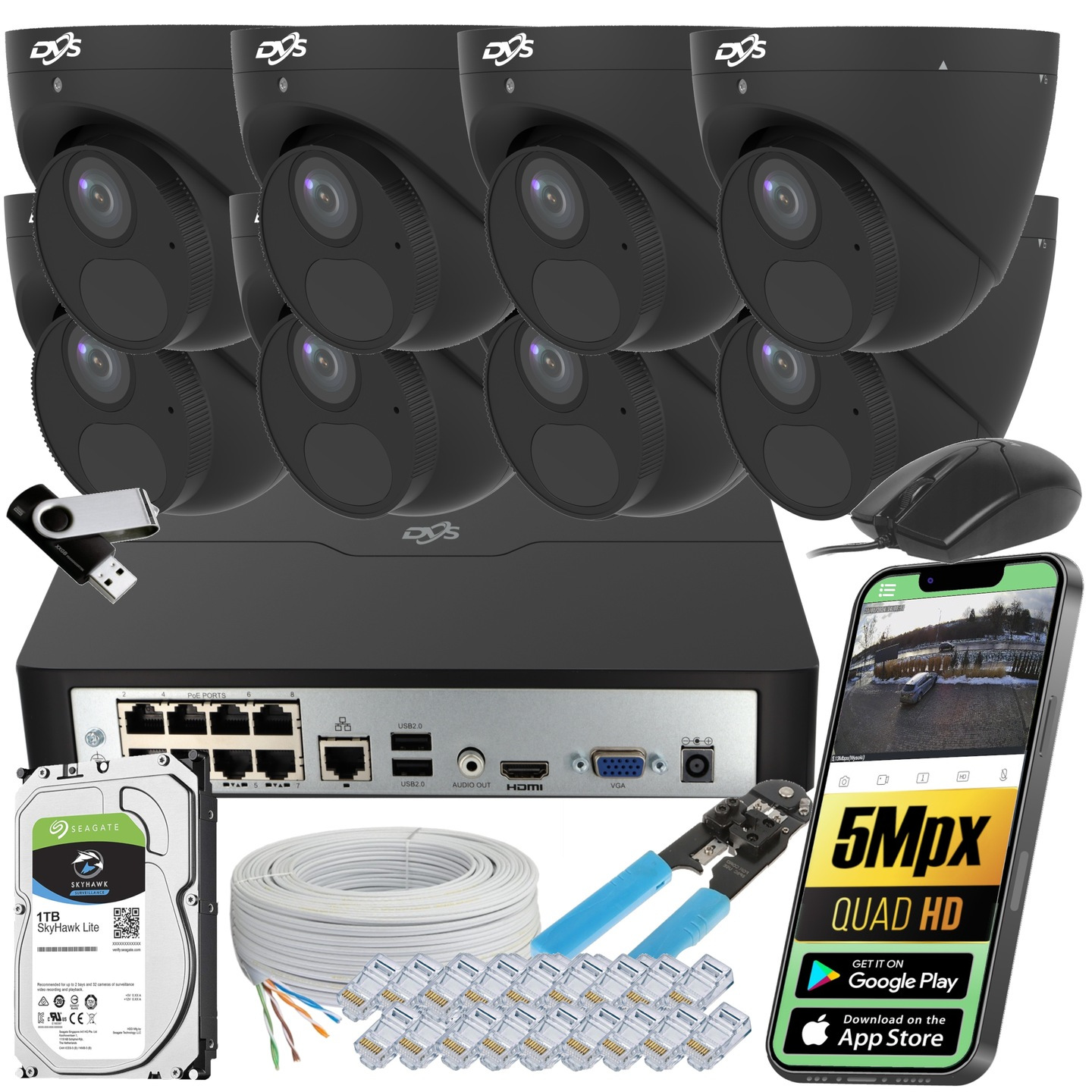 Sada Pro Monitorování 8 Ip Kamer 5MPX Napájení Poe Kopule 1 Tb