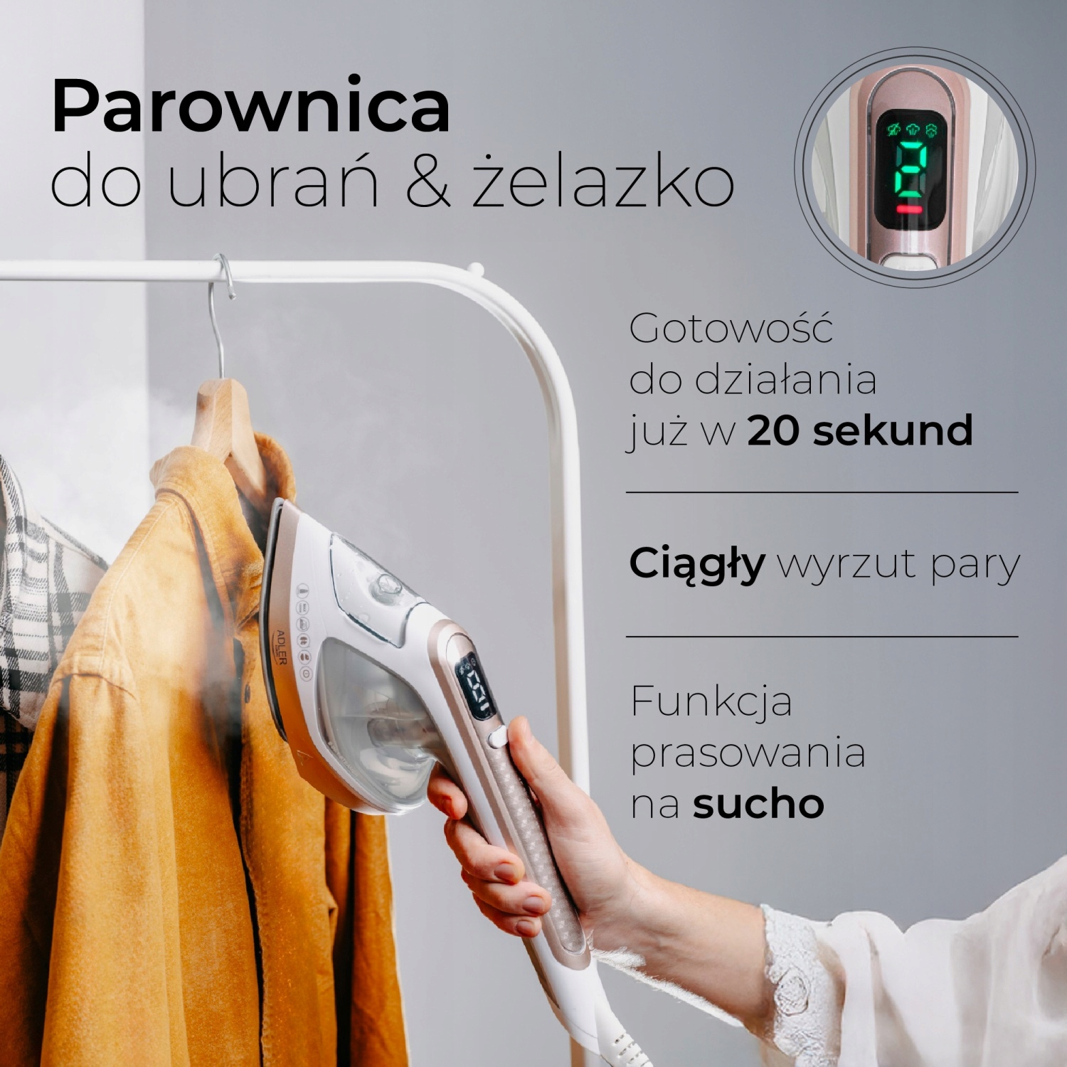 Parownica i żelazko 2w1 Adler AD 5044 - szybkie prasowanie w pionie