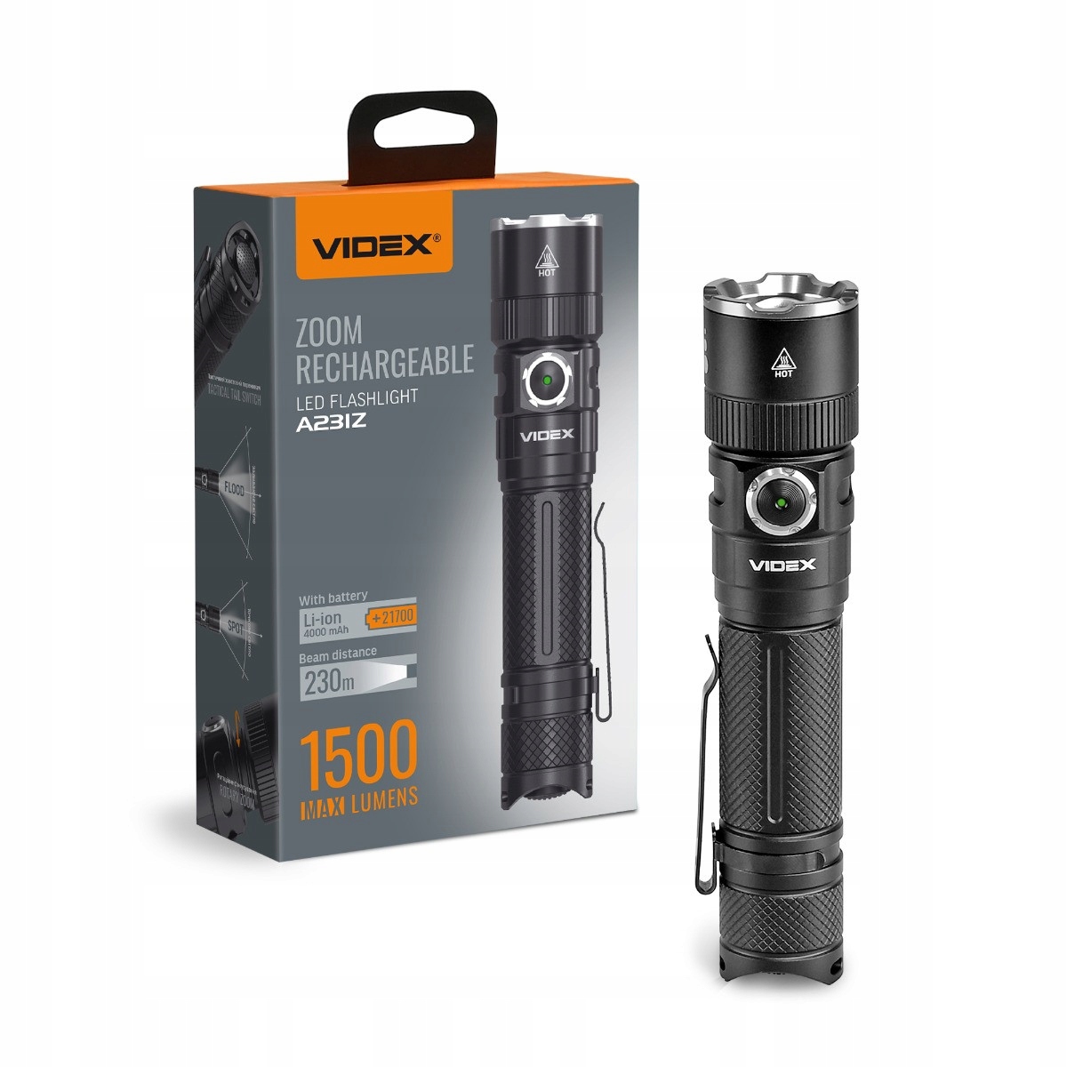 Taktická Led svítilna 20W akumulátor na 100 h 1500 lm, dosah 230 m, IP67 Videx