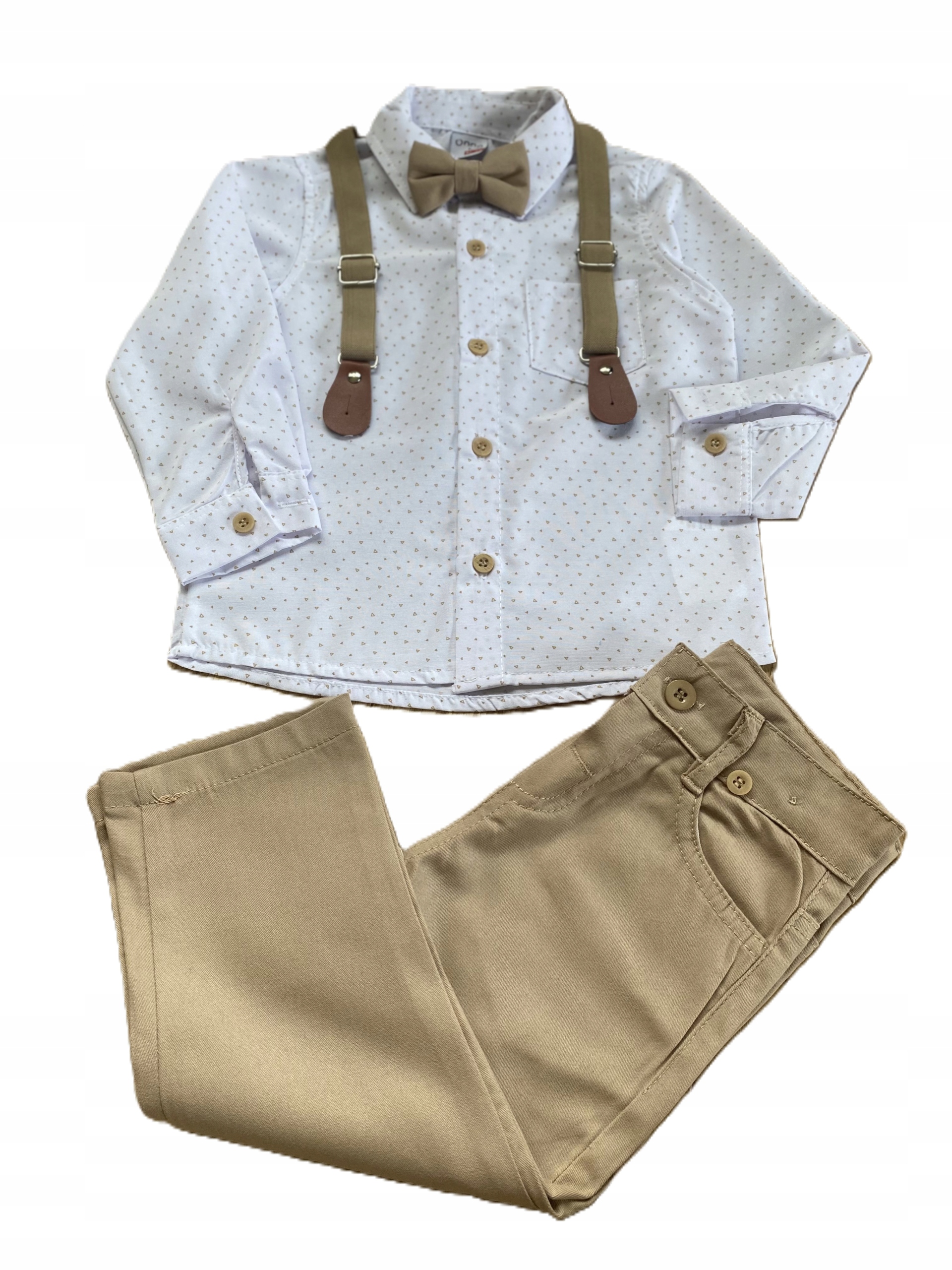 Elegancki komplet chłopięcy r. 98 koszula spodnie mucha szelki garnitur Rozmiar 98