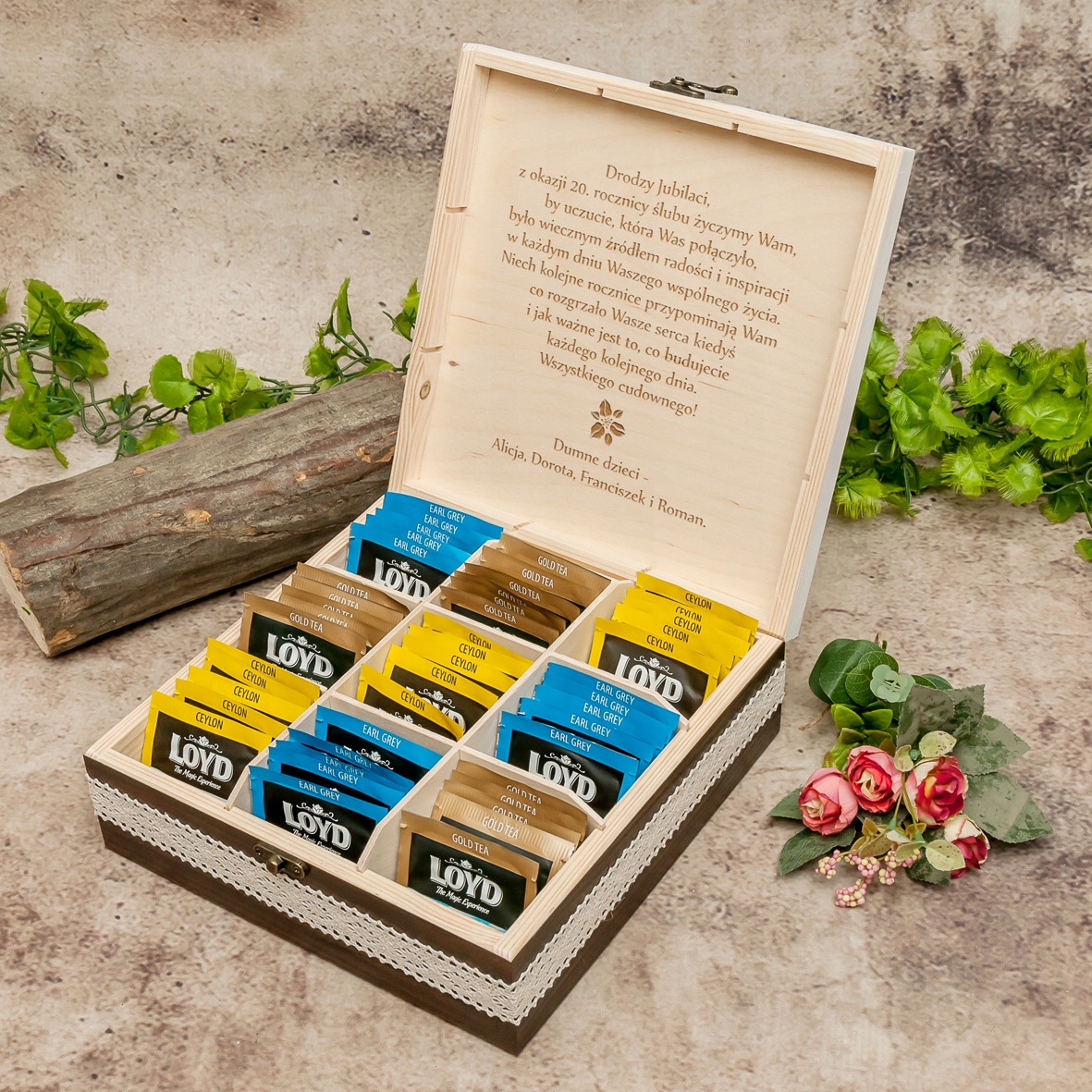 prezent ROCZNICA ŚLUBU jubileusz herbaciarka zestaw DRZEWKO grawer imię Marka inna