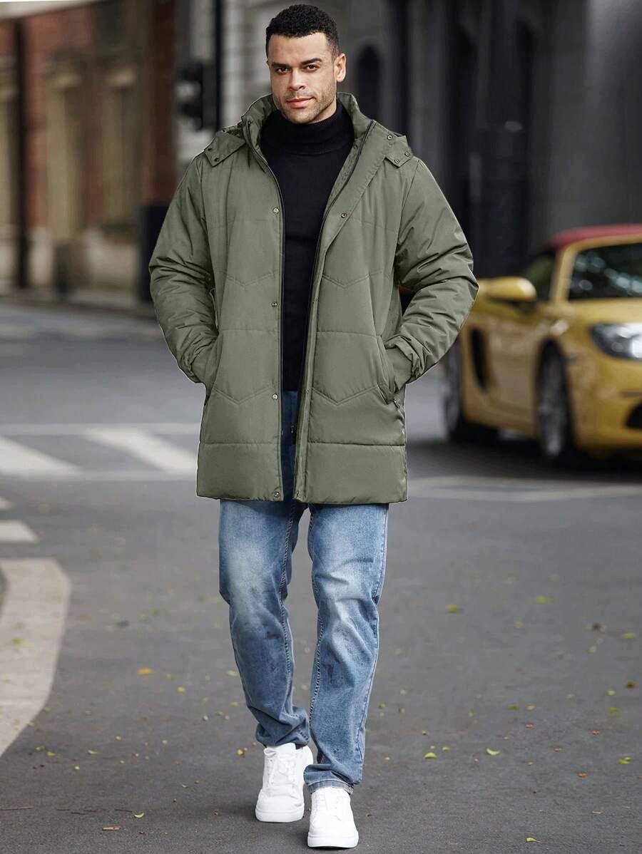 Khaki Zateplená Bunda S Odnímatelnou Kapucí, Zip, Kapsy Manfinity 6XL