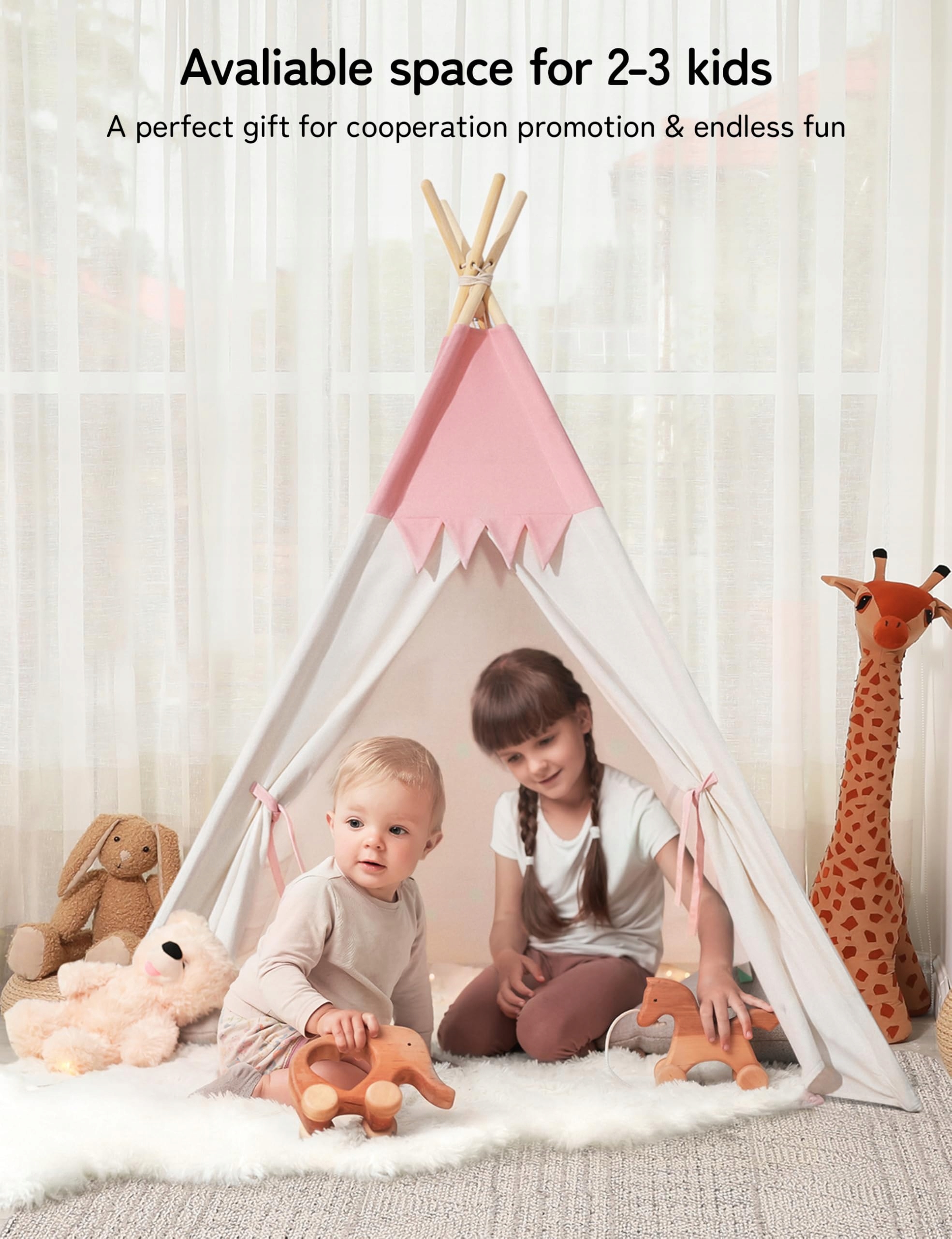 BESREY Namiot Tipi Dla Dzieci RóżowoBeżowy Namiot Do Pokoju Dziecięcego — miniatura 6
