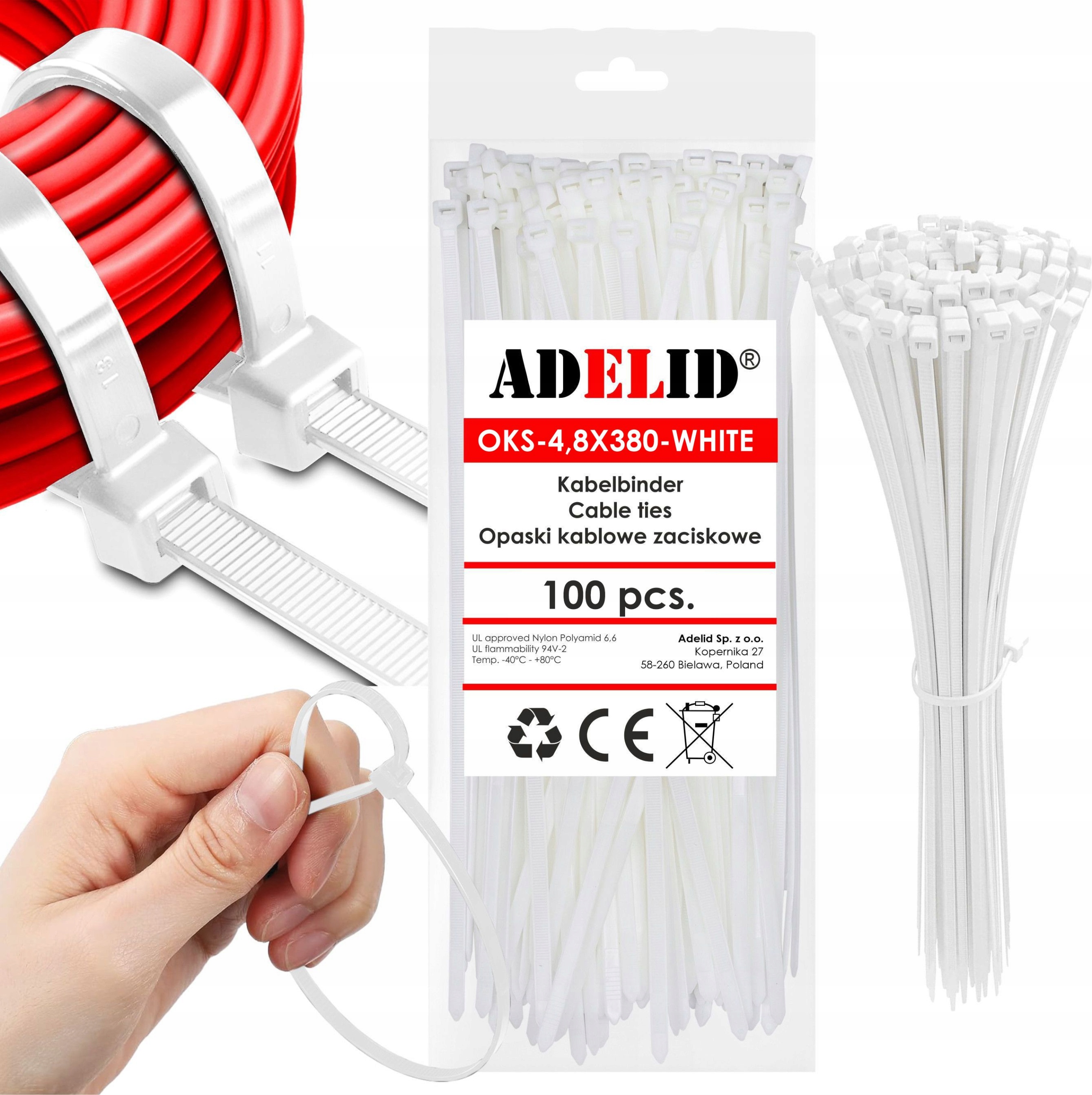 Mocne Opaski Zaciskowe Kablowe Trytki Białe Taśma 4,8x380 100 Szt
