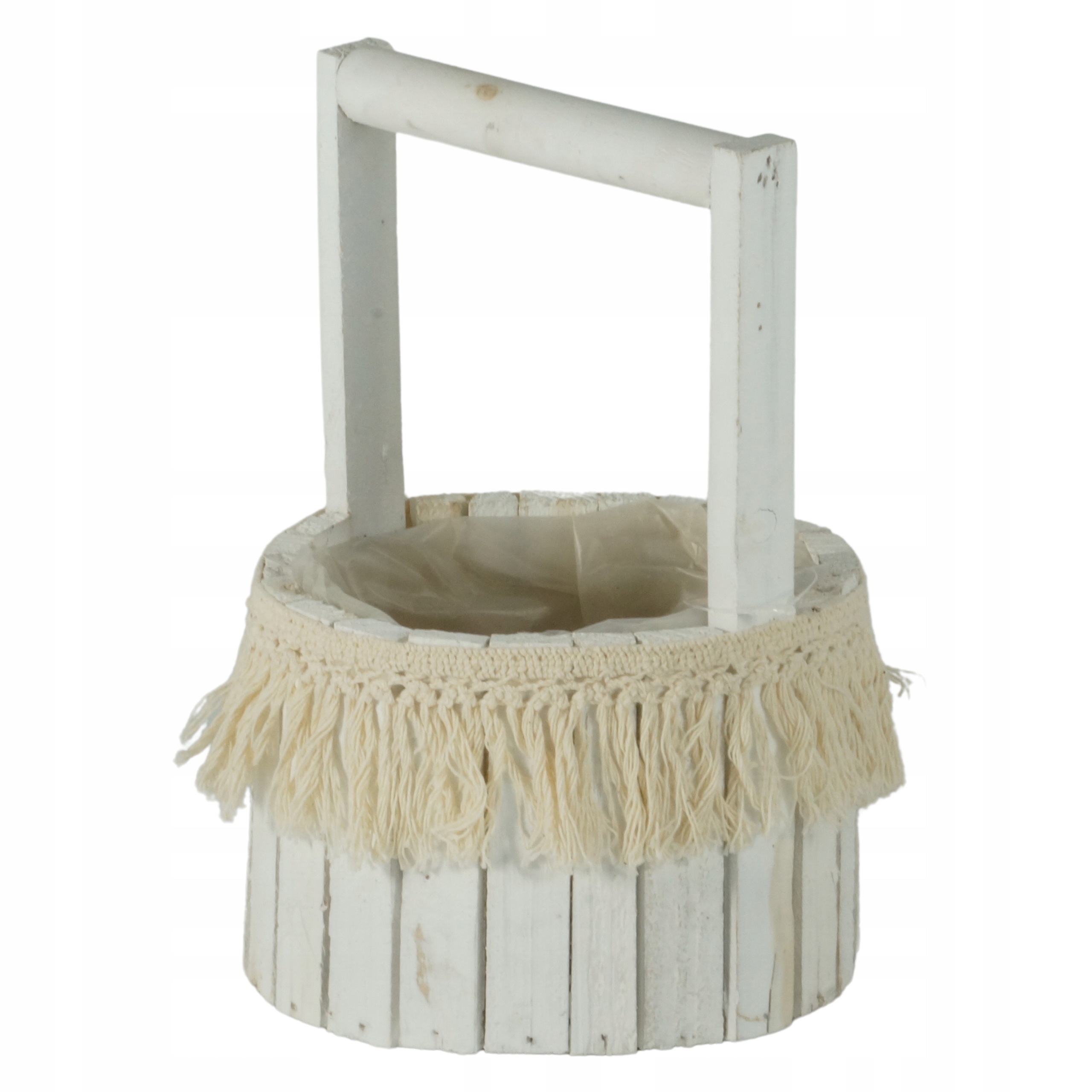 

Osłonka drewniana biała z rączką boho frędzle 22cm