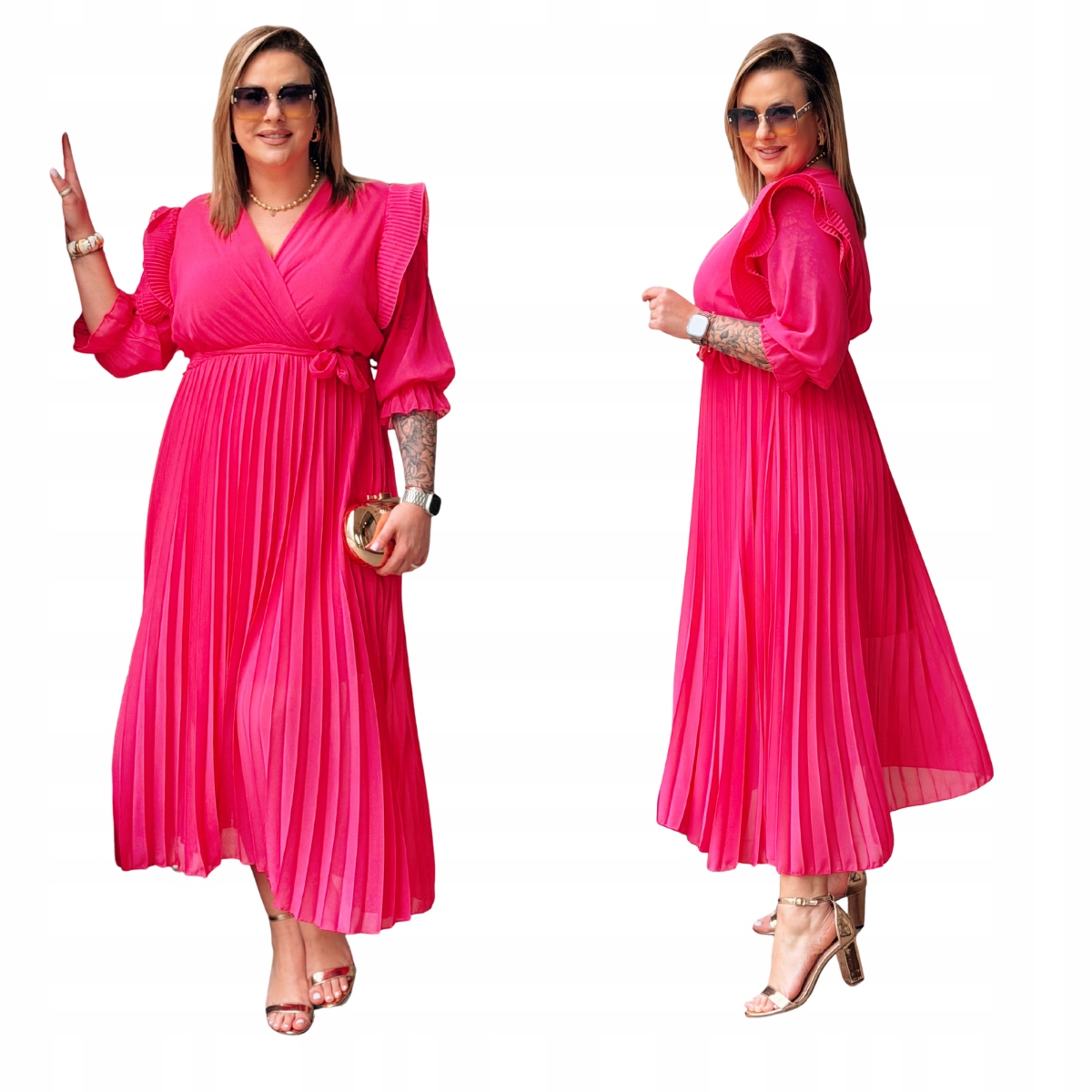 Šaty Maxi Velké velikosti Plus Size Dámská Cavaricci Plisovaná Fuchsiová