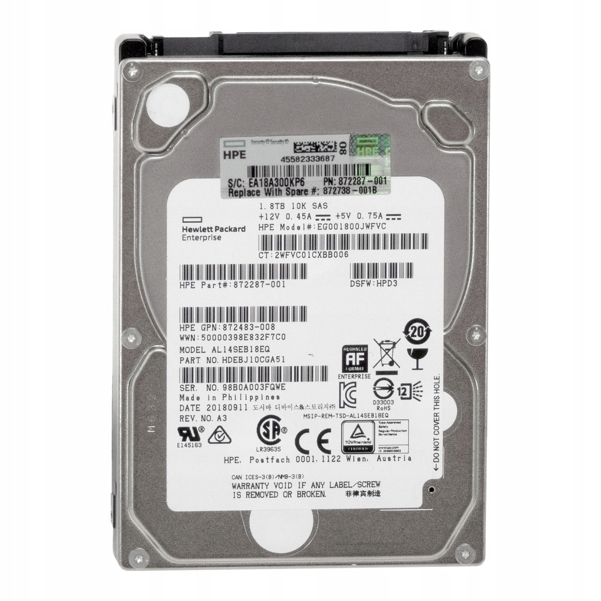 Hp 872287-001 872738-001 1.8TB 10K 128MB SAS-3 2.5'' EG001800JWFVC