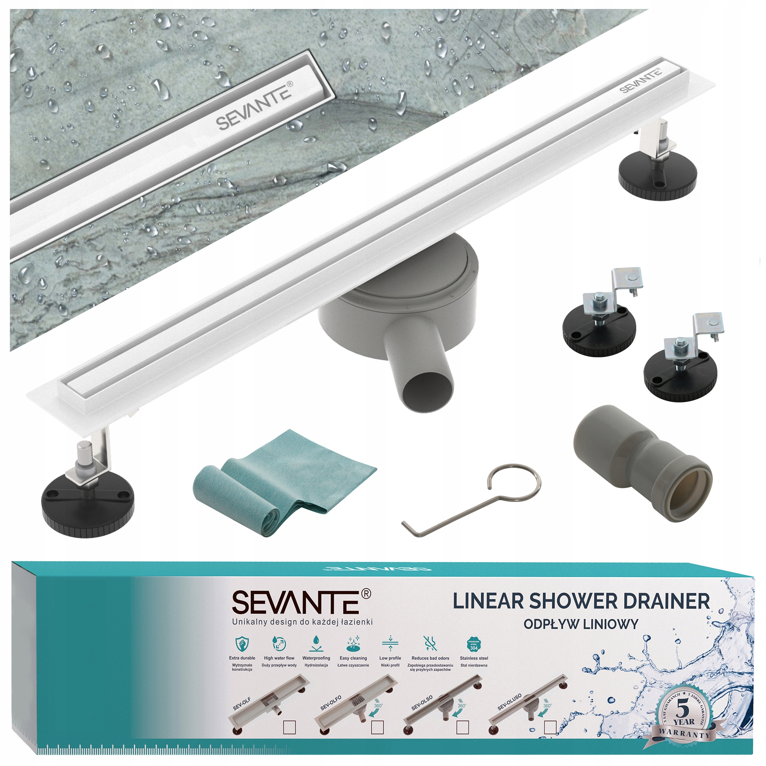 Lineárny odtok Slim 80 cm otočný sifón biela oceľ 304 veľká priepustnosť