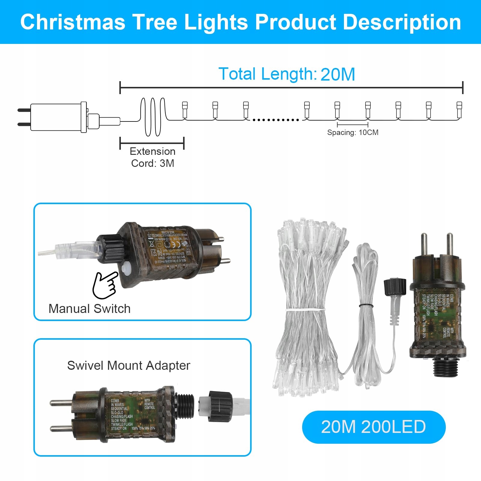 FAIRYGLIM LANCUCH SWIETLNY LED 20M 200 LED ZEWNATRZNY WODOODPORNY 8 TRYBOW — miniatura 8