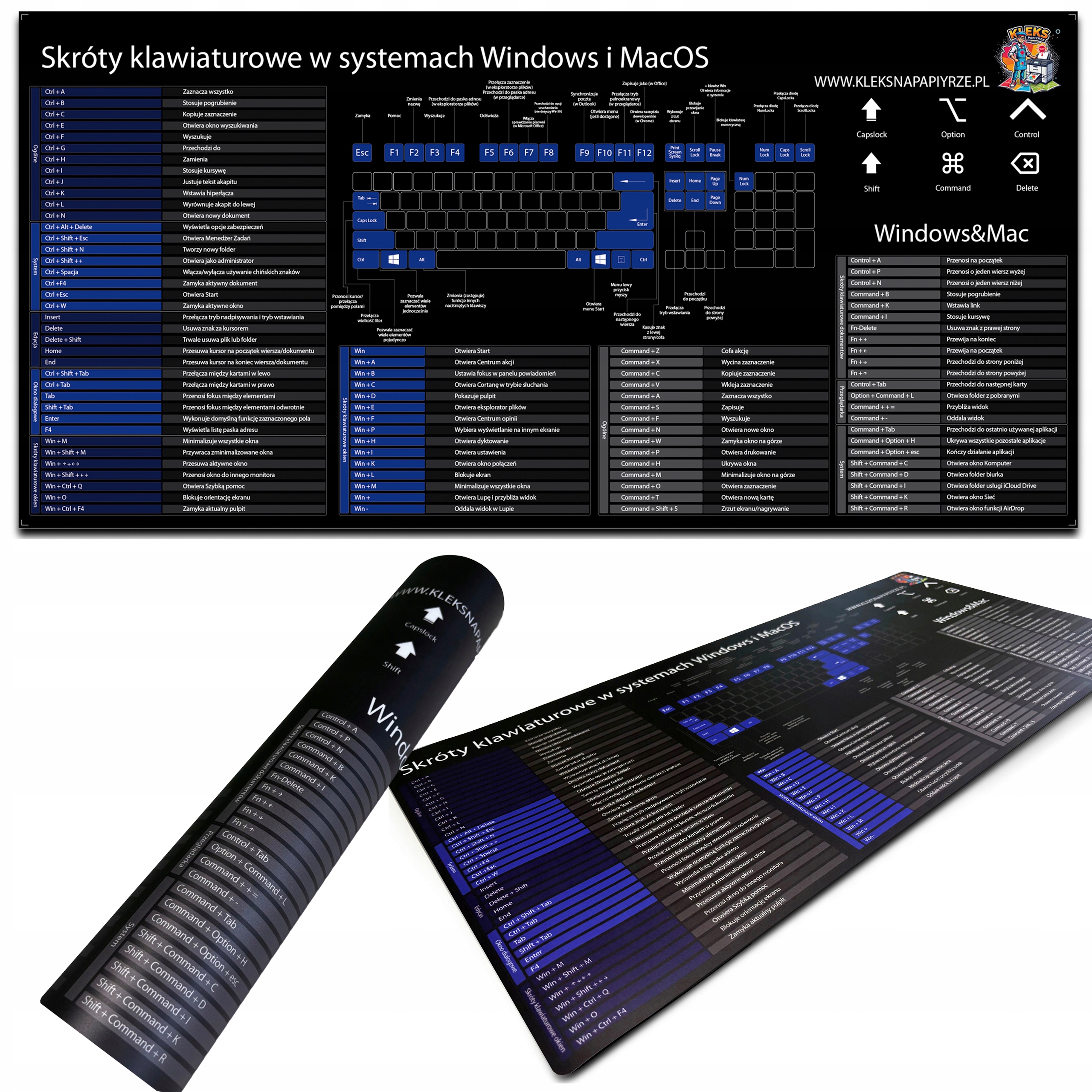 PODKŁADKA MATA BIURKO POD MYSZ DUŻA 89,1x43cm WINDOWS MacOS SKRÓTY