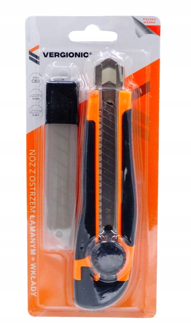 NÓŻ Z OSTRZEM ŁAMANYM 18MM + WKŁADY TAPECIAK NOŻYK DO TAPET VERGIONIC Stan opakowania oryginalne