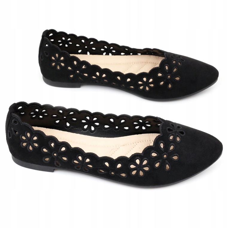 Czarne Balerinki Damskie Ażurowe Półbuty Wsuwane Płaskie Wkł. Ekoskóra