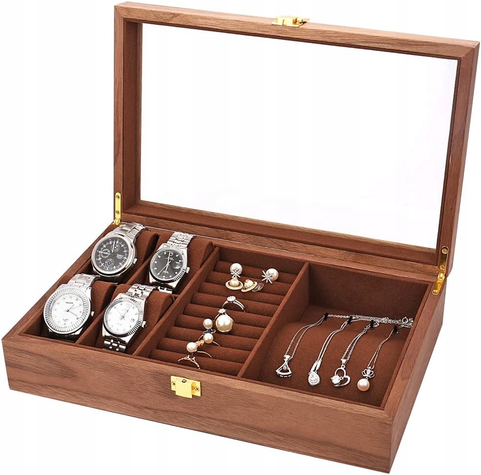 Dřevěná Krabička Na Šperky A Hodinky Se Skleněným Víkem