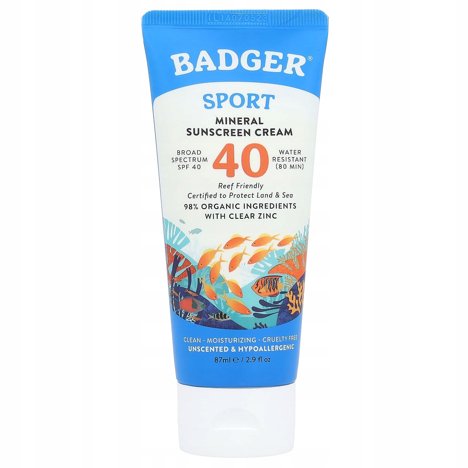 Badger, Sport, minerální opalovací krém, Spf 40, bez zápachu, 87 ml