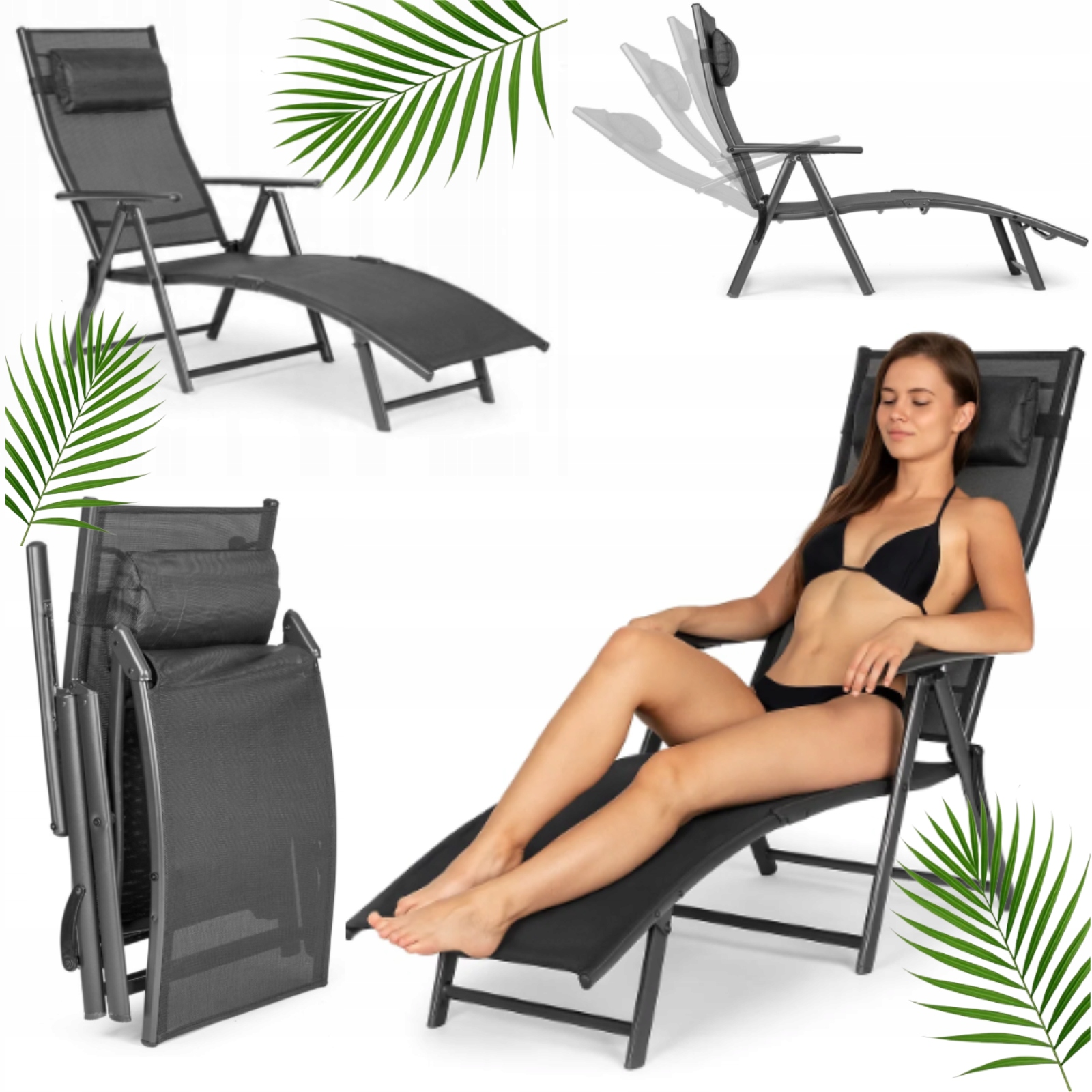 Leżak Leżanka Plażowy Ogrodowy Składany Regulowany Stalowy Szary Siatka