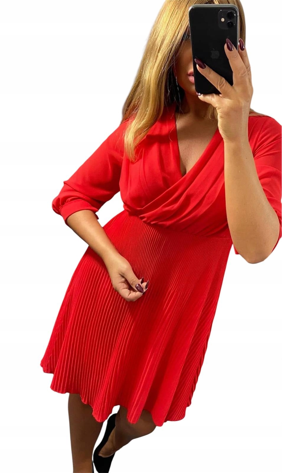 V583 Elegantní Plisovaná Šaty MIDI Červená vel.