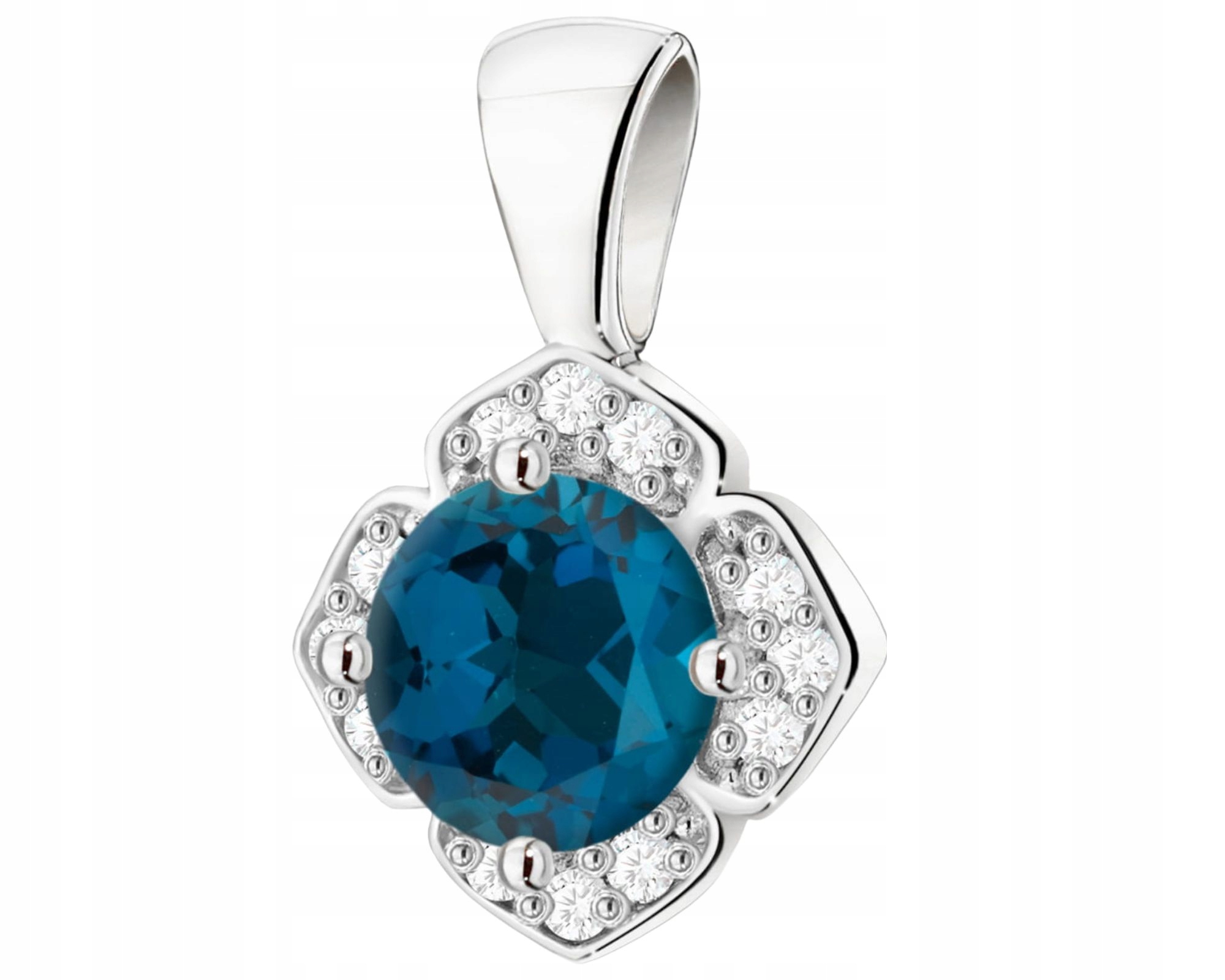 Białe Złoto Zawieszka Wisiorek Kamień Naturalny Topaz London Blue Diamenty
