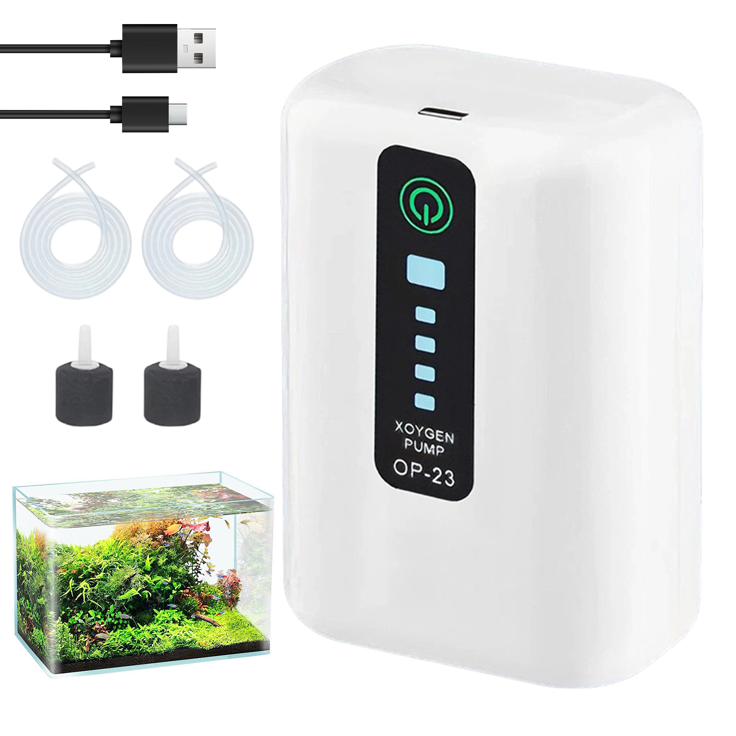 Levně Tichá Vzduchová Pumpa Pro Akvárium Usb Se Dvěma Výstupy, 2600 Mah, Trvanlivá