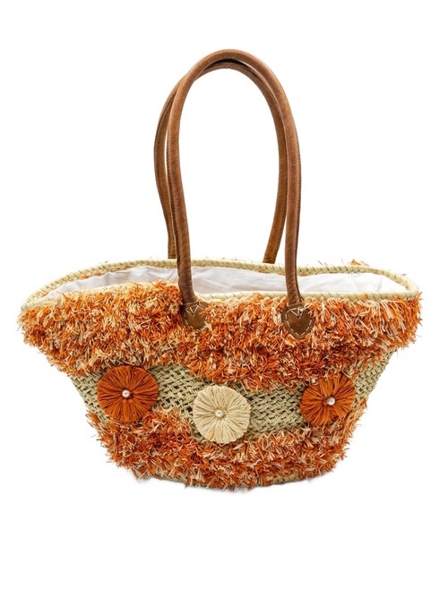 Ručně vyrobený koš z Maroka Boho Premium – Slunečná pomeranč & Béžová & Kůže
