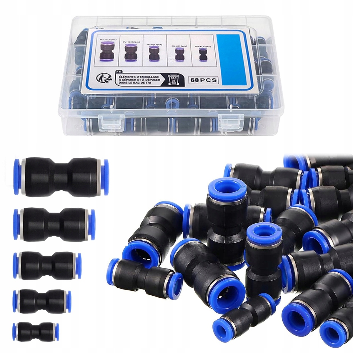 Nowy Złączka Pneumatyczna Wtykowa Prosta Szybkozłączka 4-12MM Zestaw 60SZT