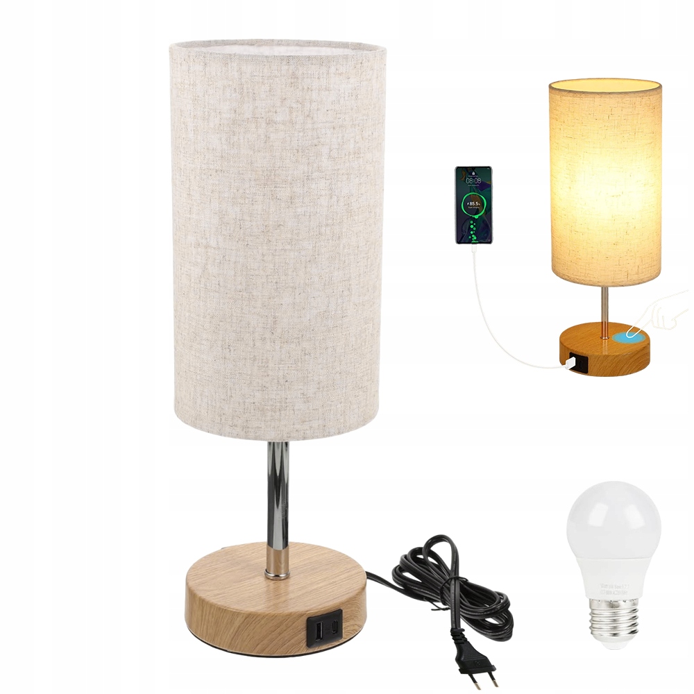 Stolní Lampička Noční E27 Do Obývacího Pokoje Ložnice A Kanceláře, 2X Usb Nabíječka