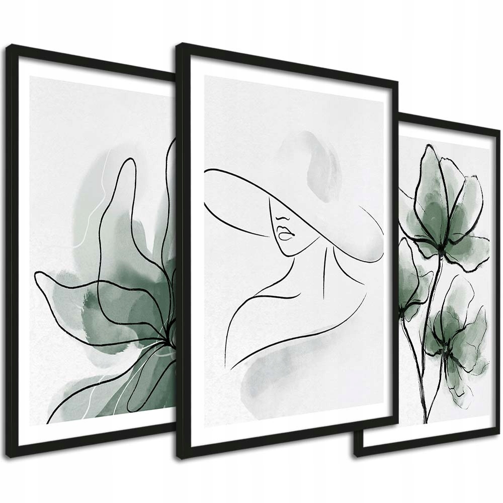 Nowoczesne obrazy do salonu, plakaty w ramie, zielony LineArt seria 3 szt