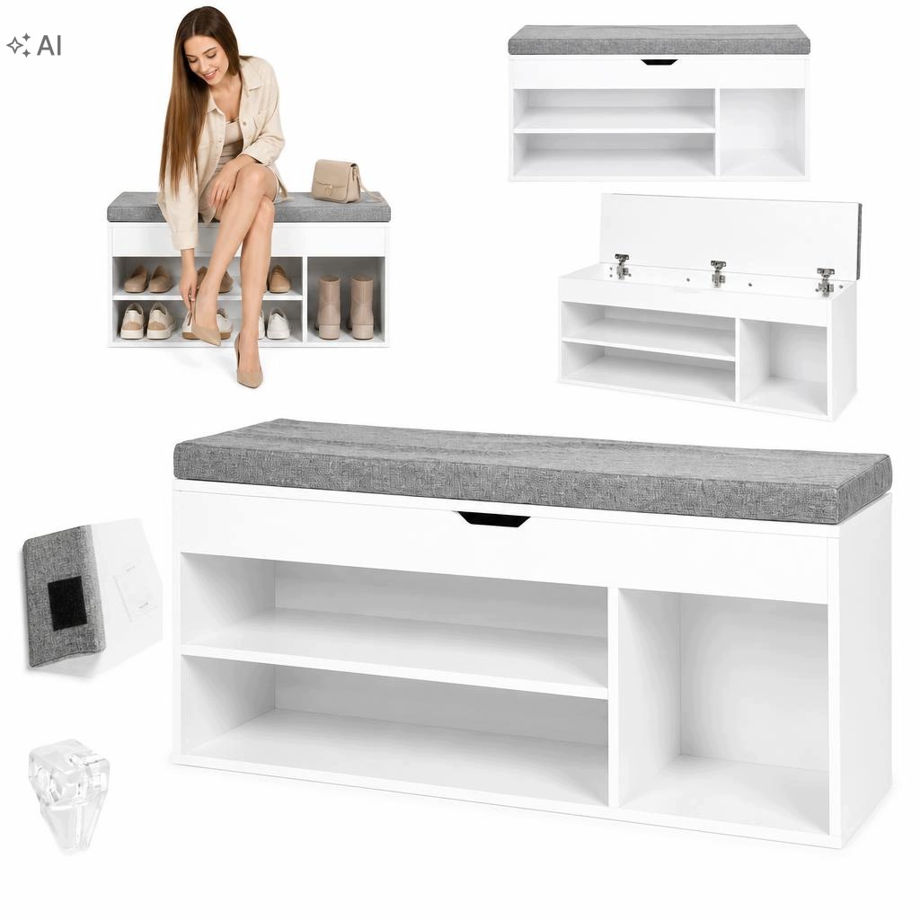 Szafka Na Buty Z Otwieranym Siedziskiem 3 Półki Do Przedpokoju 104cm Biała