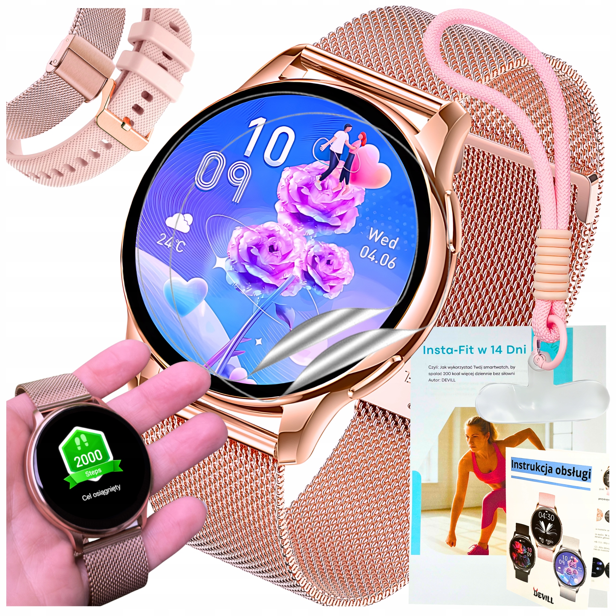 Smartwatch Damski Zegarek Rozmowy Polskie Menu Złoty Okrągły Z Bransoleta