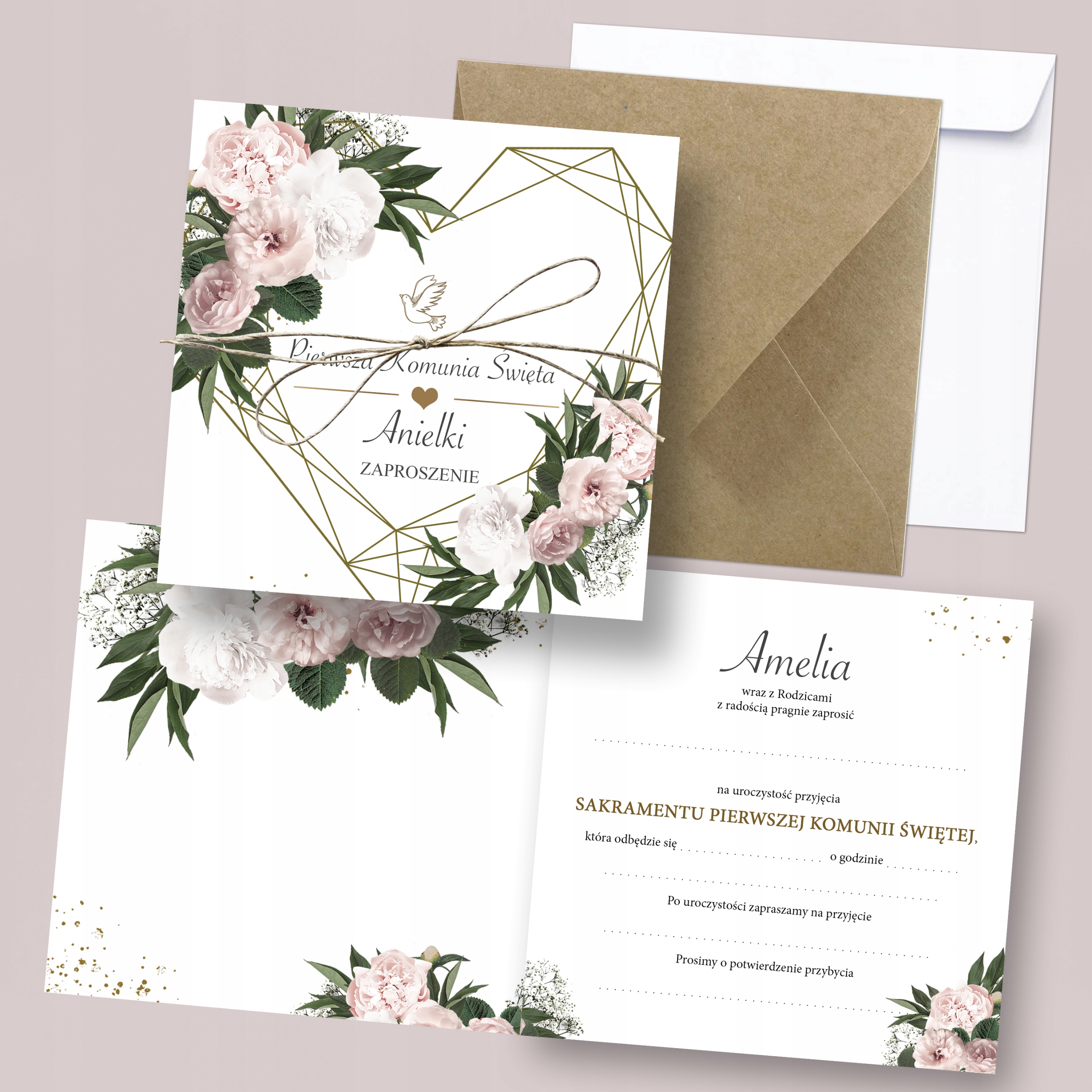 Zaproszenia na Komunię Świętą Floral Heart Imię + Koperta + Sznurek Marka inna