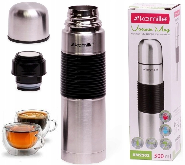 Termos Stalowy Próżniowy Z Kubkiem Uchwyt Silikonowy Butelka Bidon 500 ml