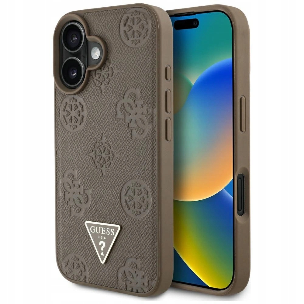 Pouzdro Guess Grained Hot Stamp Peony Logo MagSafe pro iPhone 16, hnědé