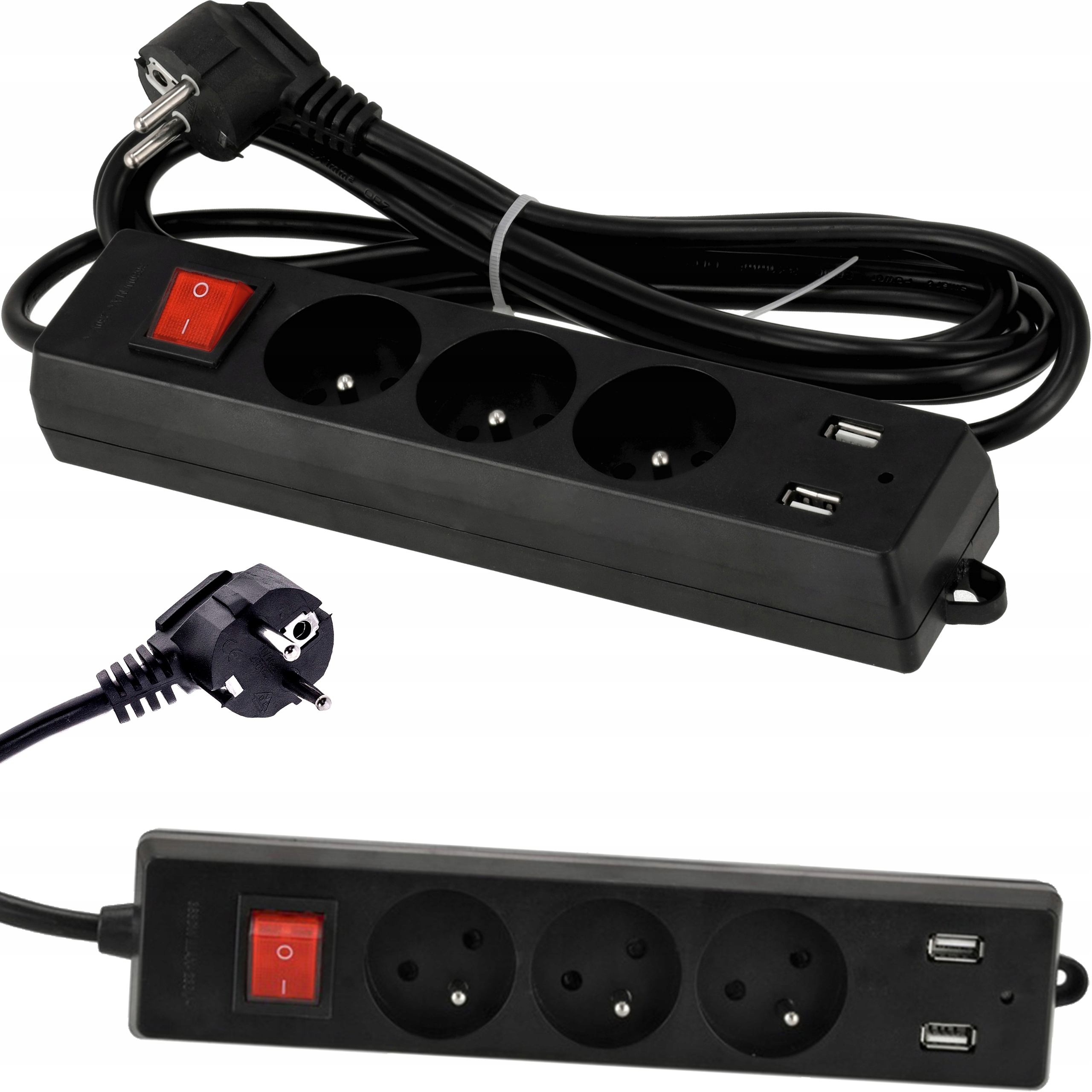 PRZEDŁUŻACZ CZARNY LISTWA ZASILAJĄCA 3 GNIAZDA + 2x USB z WŁĄCZNIKIEM 3m