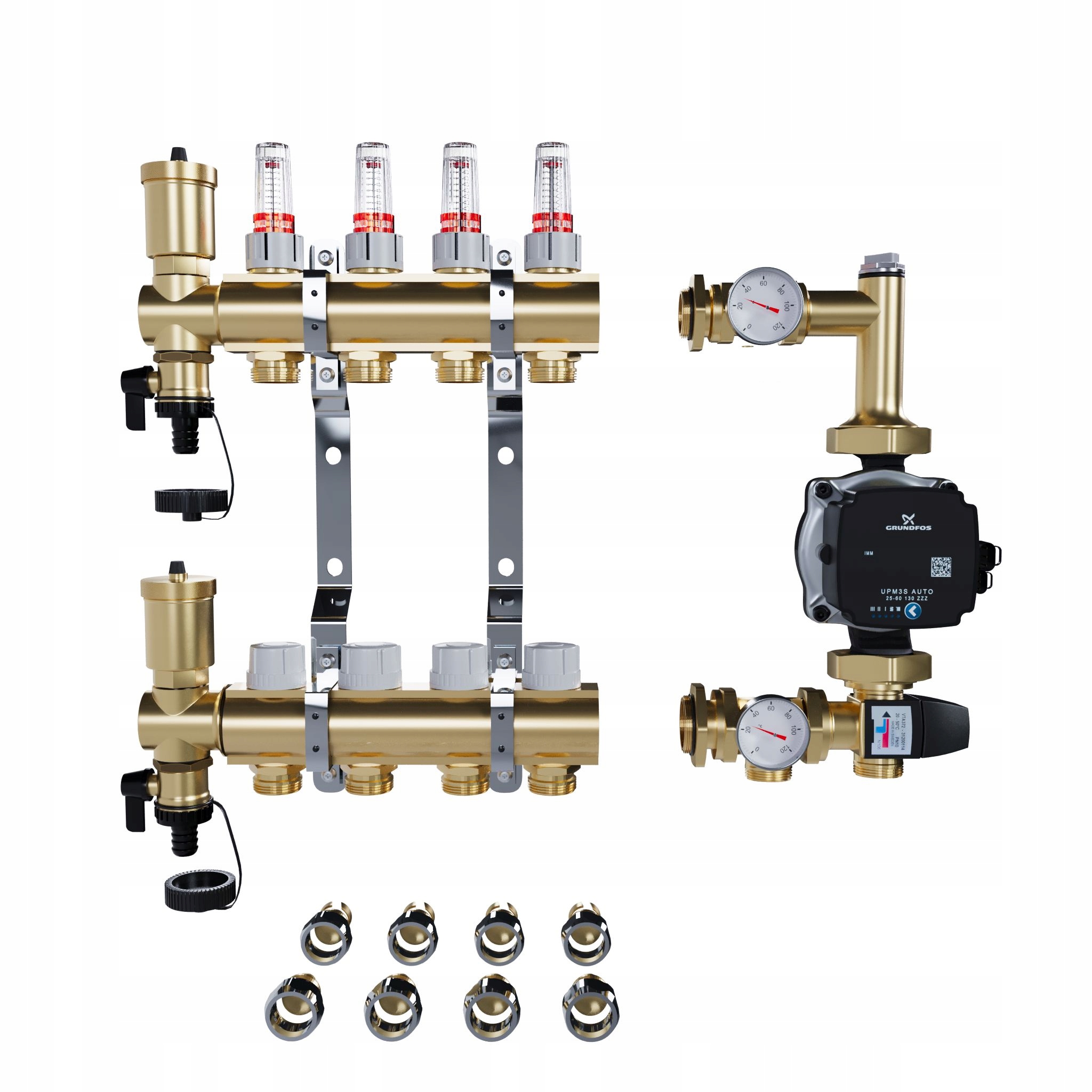 Rozdělovač pro podlahové topení 4 sekce Pex Spojky Čerpadlo Grundfos