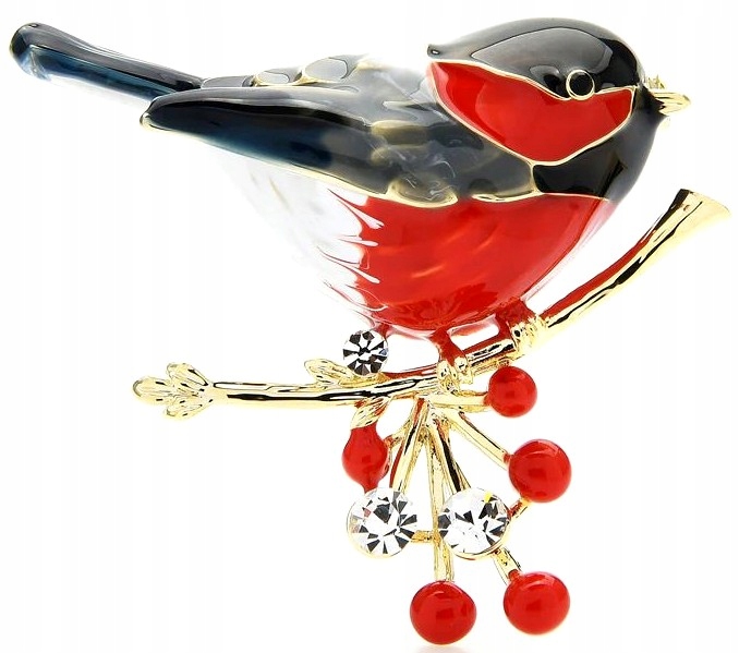 

Broszka ptaszek Złoty ptak Gil pin cyrkonie emalia