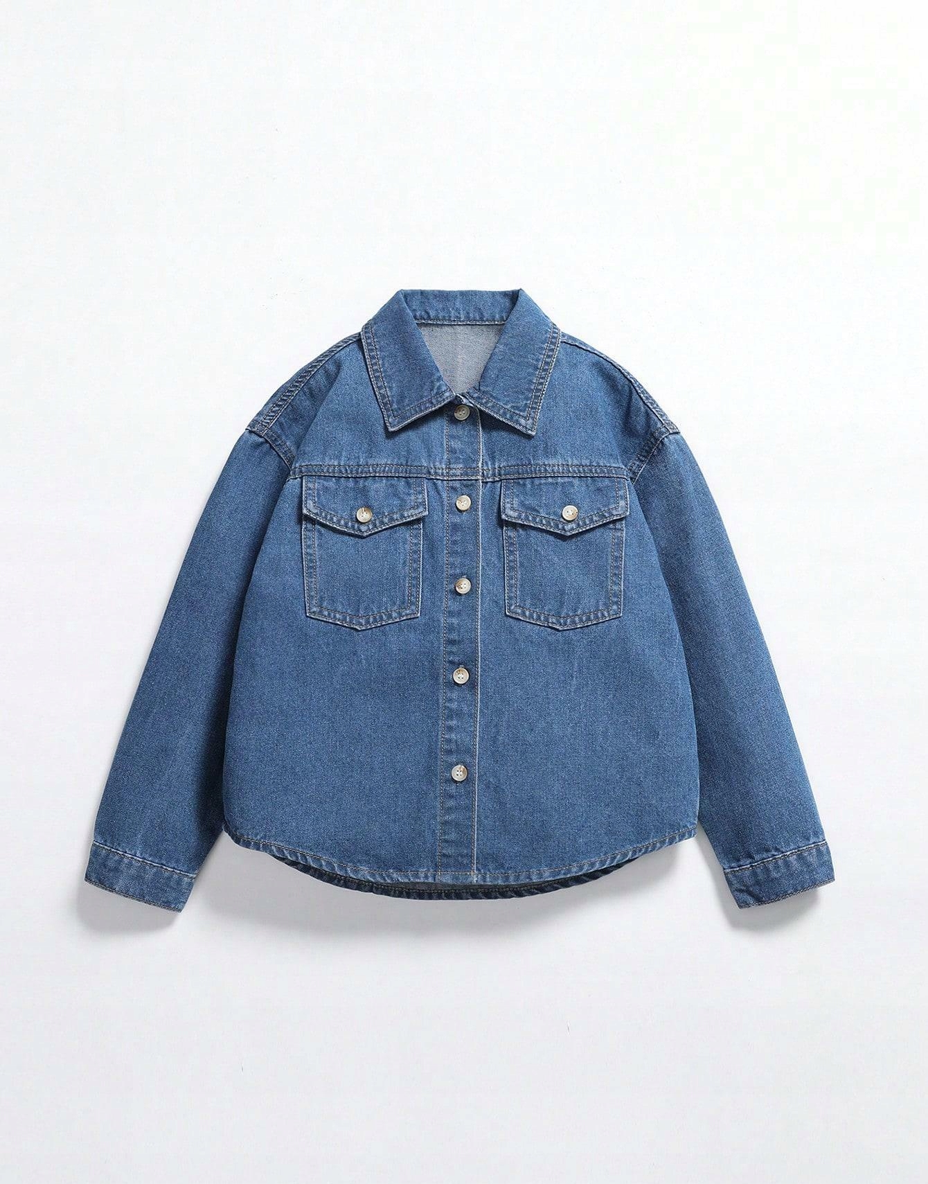 NIEBIESKA BAWEŁNIANA KLASYCZNA KOSZULA JEANSOWA WZÓR NADRUK SHEIN 140