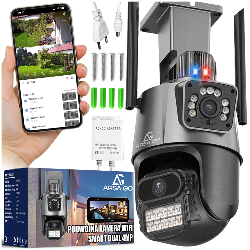 Kamera Zewnętrzna Wifi Obrotowa Ip Podwójna Alarm Aplikacja Detekcja 2x4MP