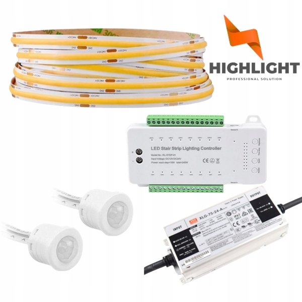 5m Schodiskový set Kaskádový Led pásik MoNo Cob 8W 24V+snímače pohybu 16w