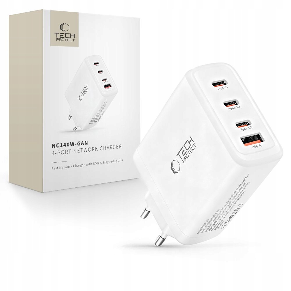 Tech-protect NC140W-GAN 4-PORTOVÁ Síťová Nabíječka Pd 140W QC3.0 Bílá