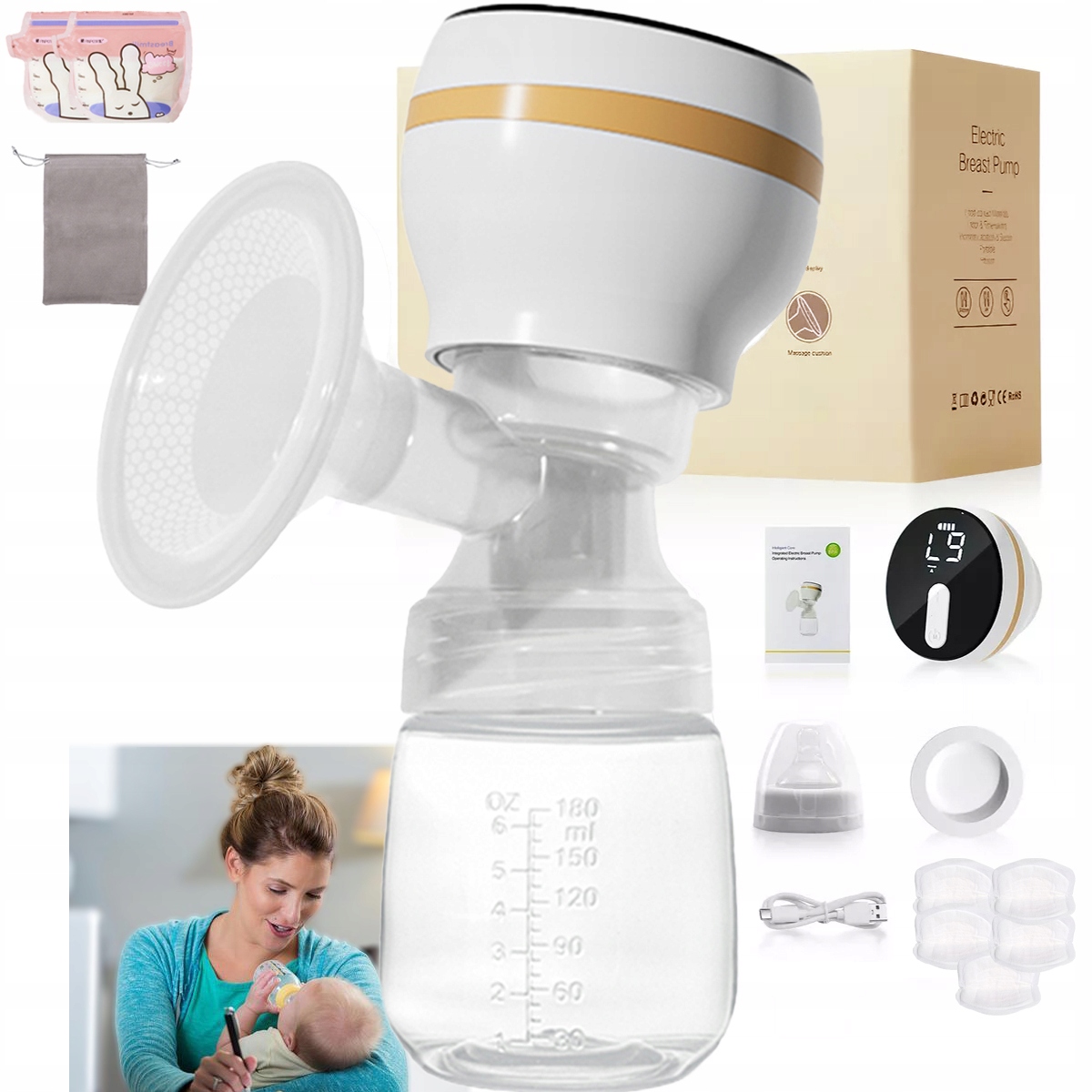 ELEKTRYCZNY LAKTATOR PIERSI CICHY LAKTATOR PIERSI BEZ BPA 180ML 4 TRYBY LCD