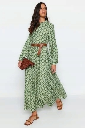 Trendyol Šaty S Páskem Zelená Geometrický Vzor 34 1AA 34 1AA