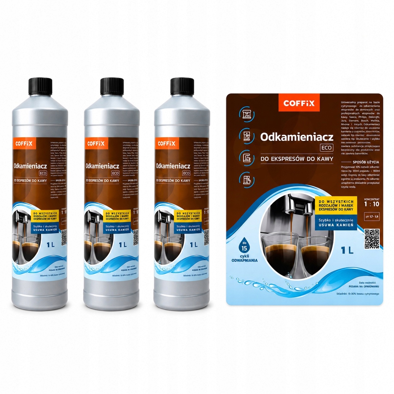 Odvápňovací kapalina pro kávovary a žehličky Coffix Eco 1L bez zápachu 3x