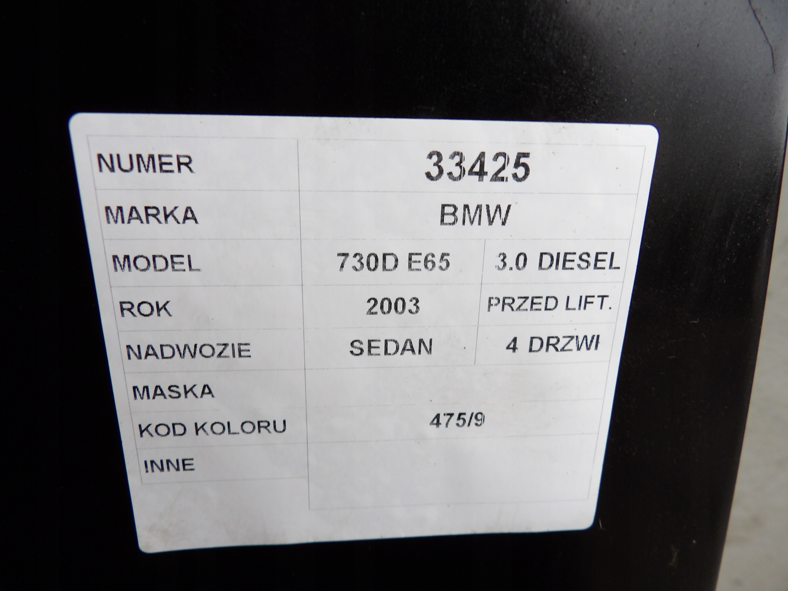 BMW E65 hauba lak. 475/9