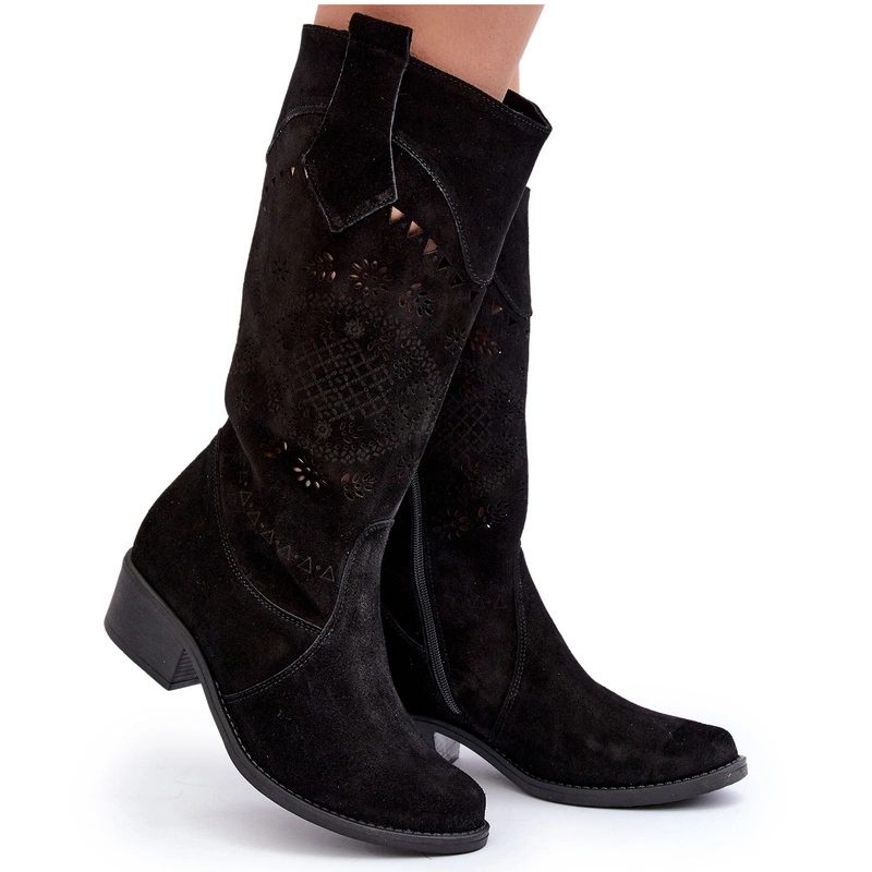 Zazoo 4043 Semišové Ažurové Kozačky Na Nízkém Podpatku, Černé 37