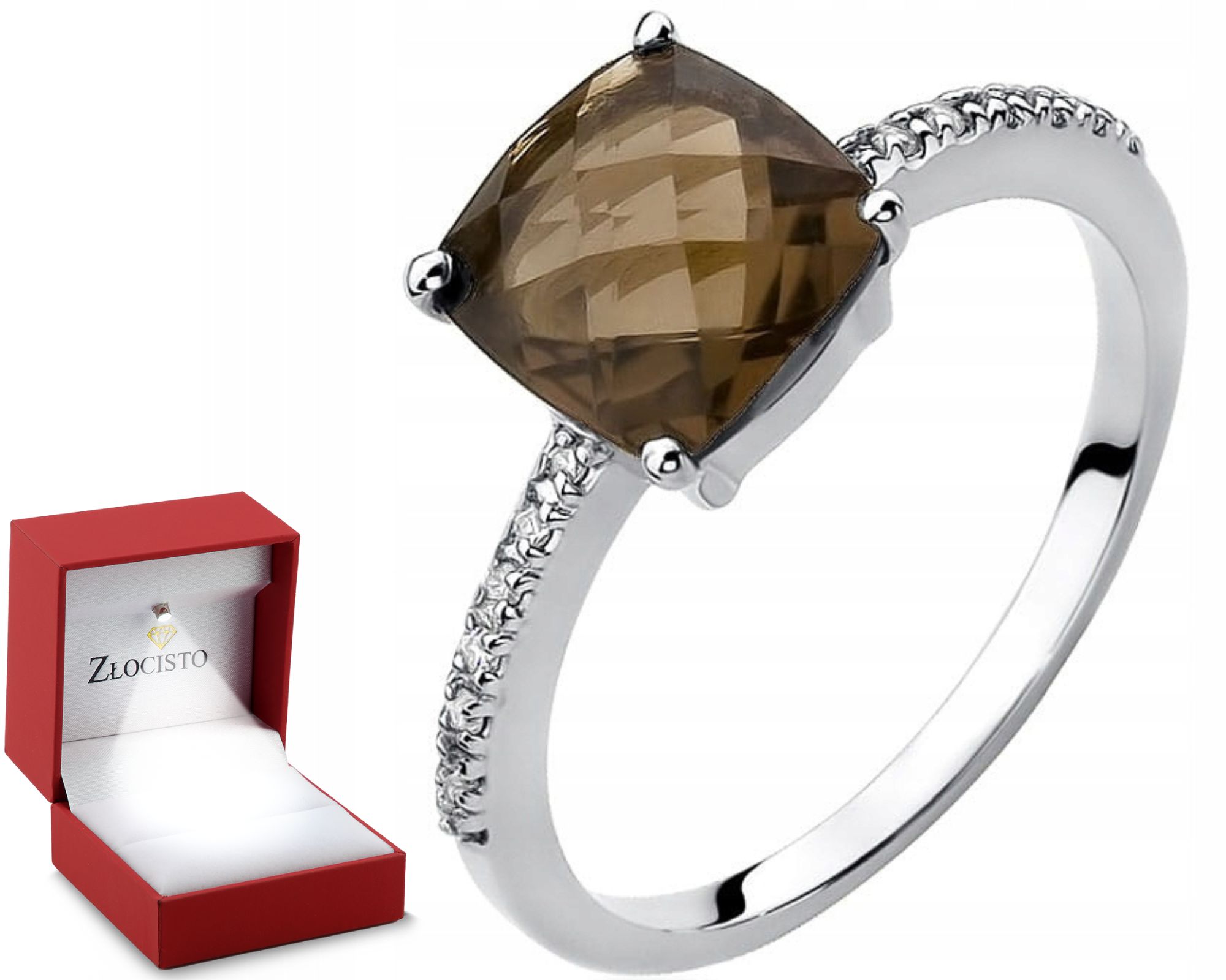 Bílý Zlatý Prstýnek Kouřový Křemen Briliant Gravírování