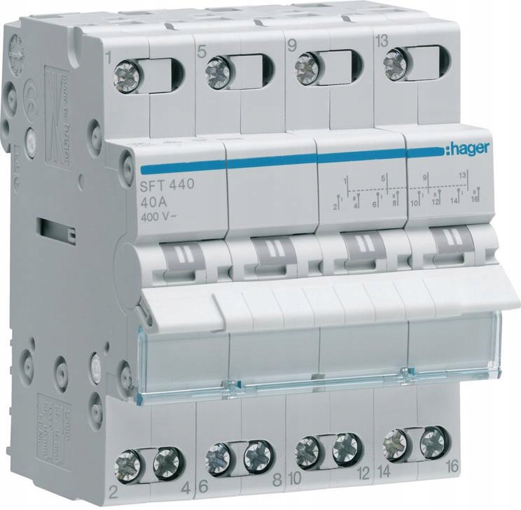 Hager SFT440 Přepínač 3-POLOHOVÝ I-0-II 4P 40A 400V Modulární S Nulou