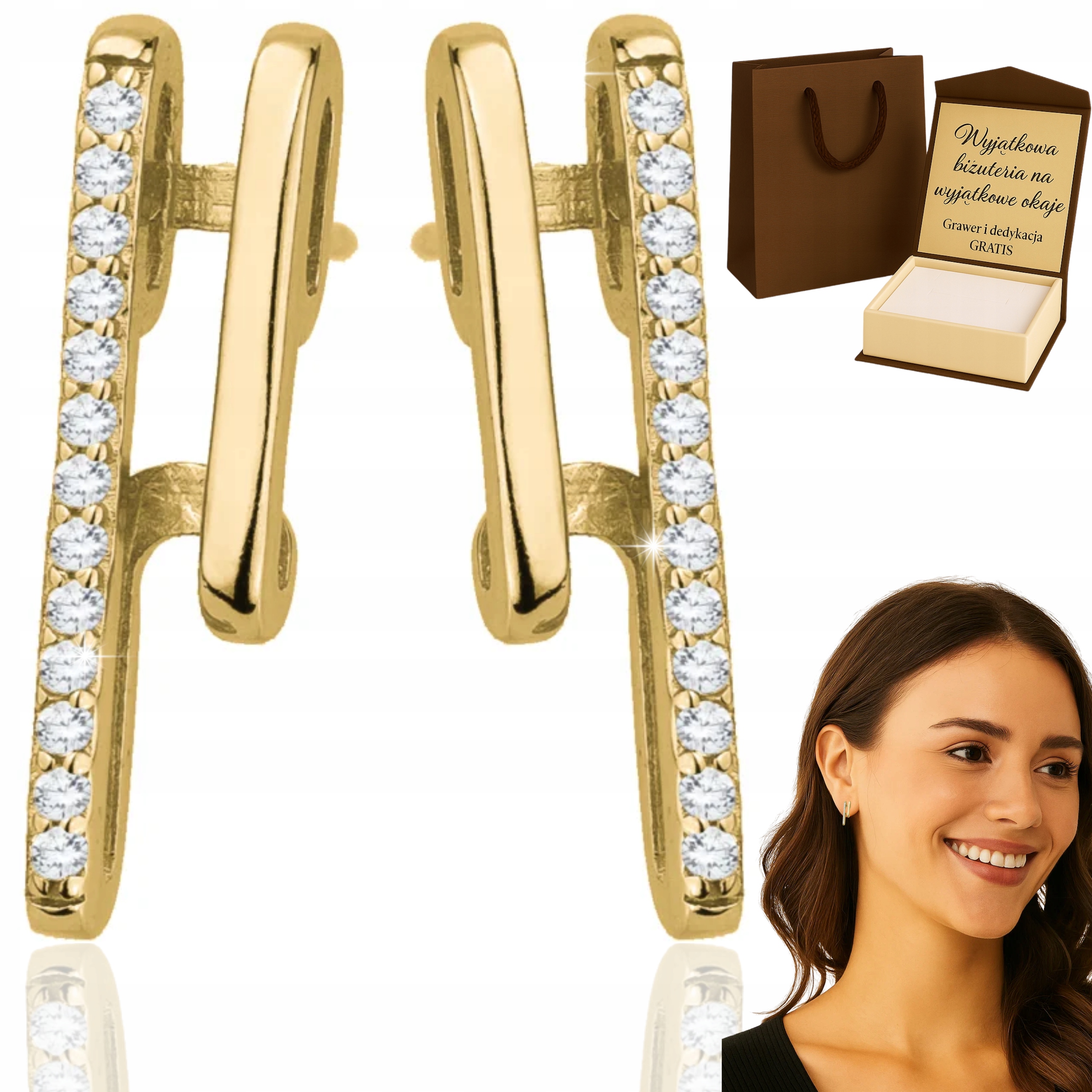 Zlaté Dámské Náušnice Se Zirkony Ryzost 925 /585 Elegantní Dvojité Gravírování