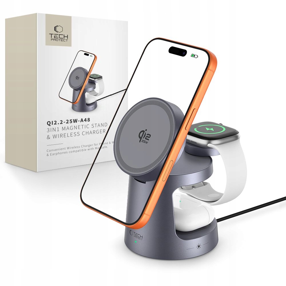A48 3v1 Nabíječka MagSafe Noční Stojící pro iPhone Watch AirPods 25W QI2.2